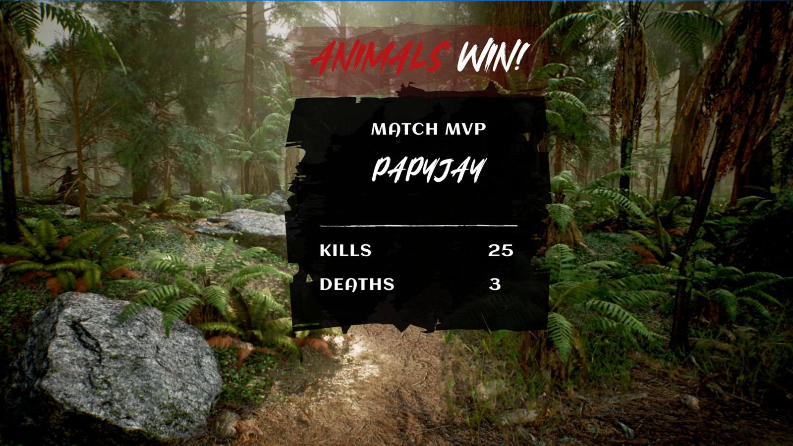End of match screen reading Animals Win with the Match MVP panel and kill and death totals